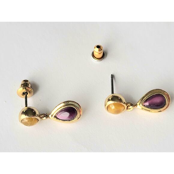 Monet Amethyst Tiger Eye Earrings Vintage Signed Gold Tone - Picture 2 of 6